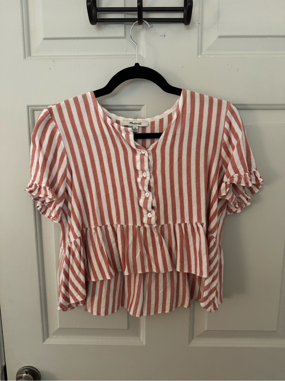 Madewell Striped Peplum Short Sleeve Button Front Crop Top- Coral/White